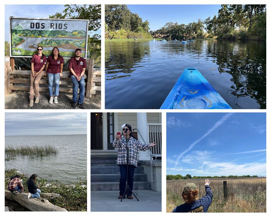 Clockwise, from top left: State Parks interns Amanda Kaminsky, Daniela Morales and Jesus Valdez at Dos Rios. A view from a kayak trip near Fresno with the San Joaquin River Parkway and Trust. Former State Parks environmental scientist Collette Bradley looks toward the floodplain at Great Valley Grasslands State Park. Fresno Poet Laureate Aideed Medina reads to an audience at a river storytelling event in Fresno. State Parks interns overlook the shore of the San Joaquin River near Brannan Island State Recreation Area.